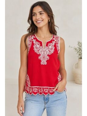 Solitaire Red Embroidered Rayon Sleeveless Boho Blouse Top Women’s M